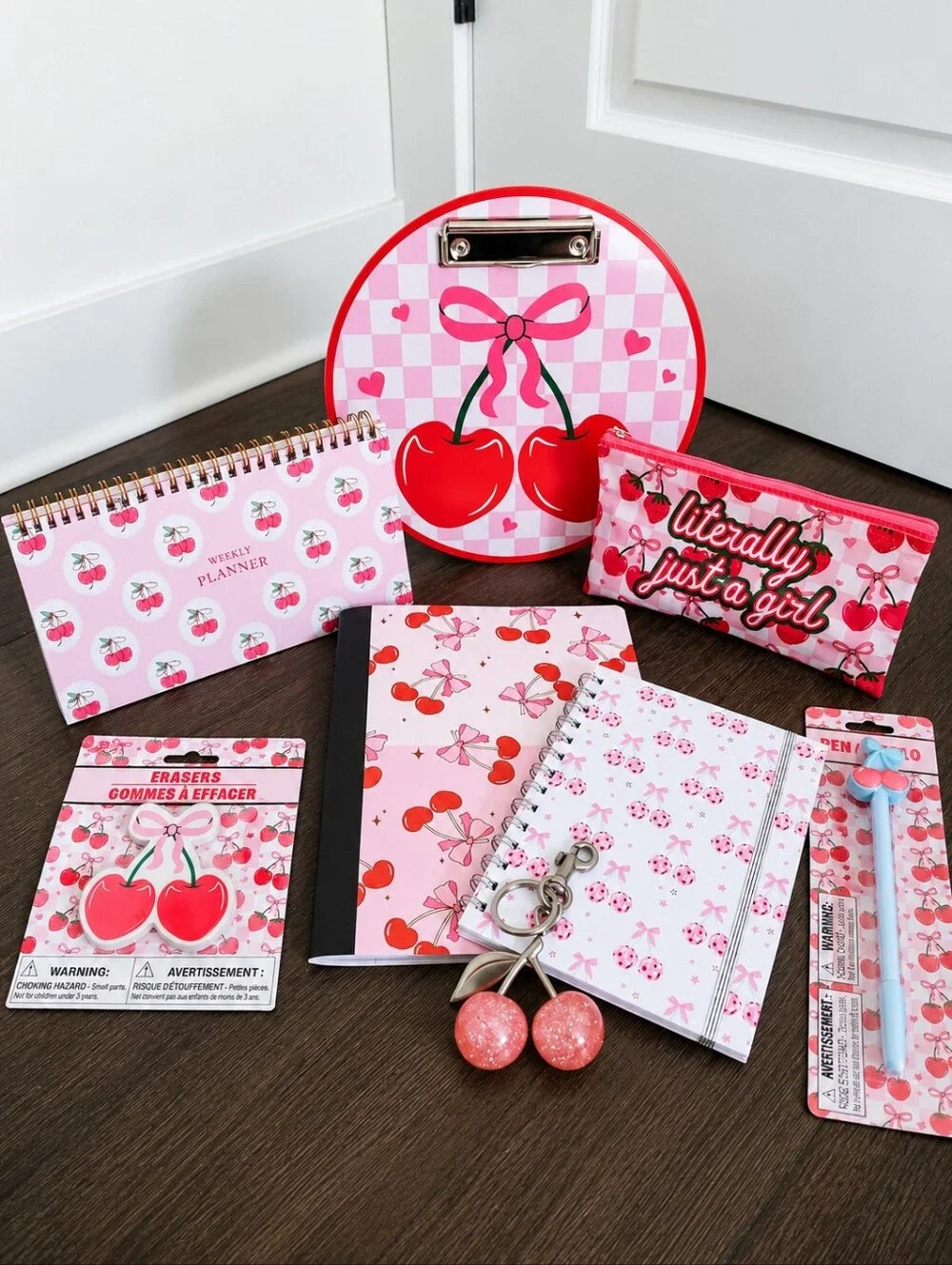 Cherry-Print 8-Piece Stationery Set + Bag Charm - Home School Office Supplies